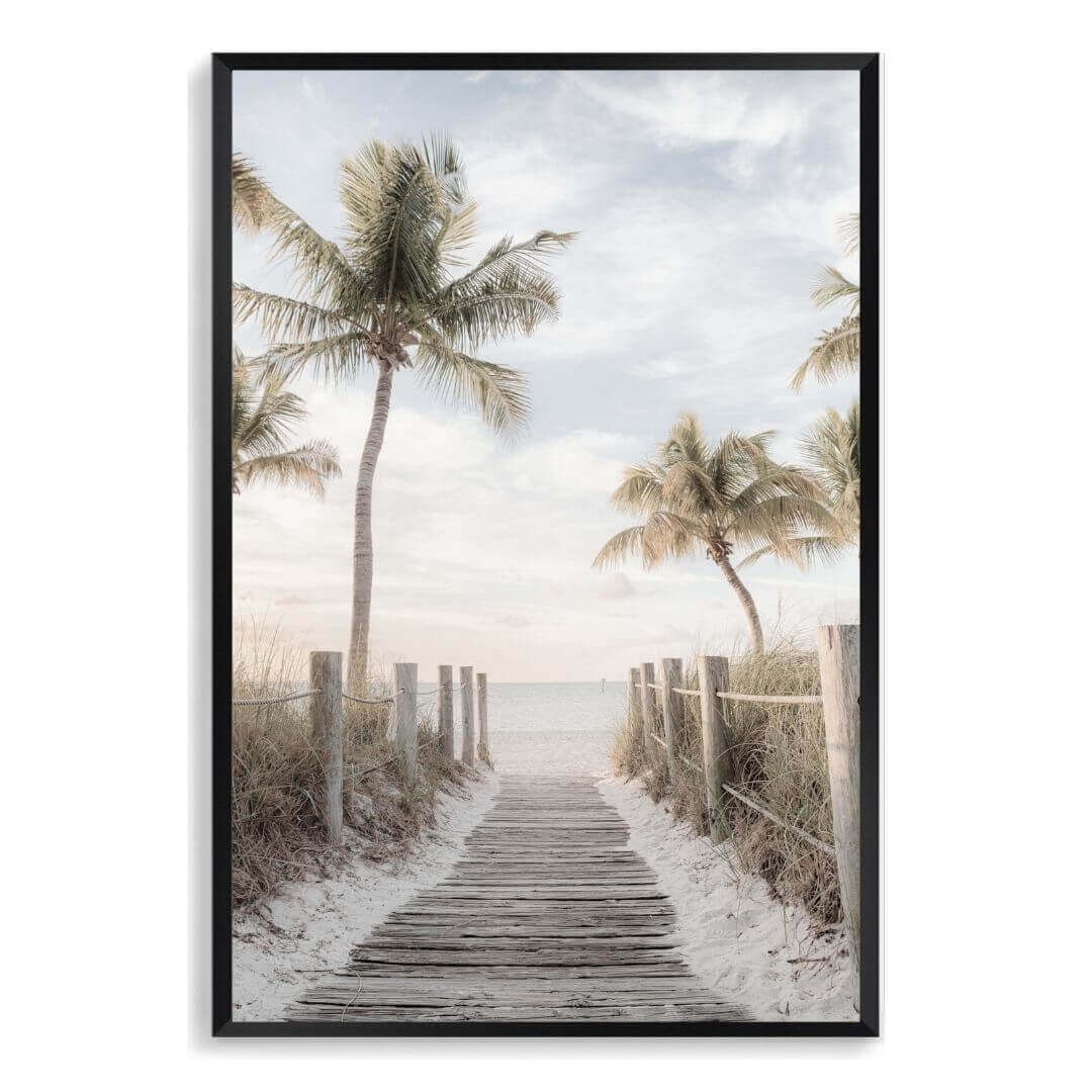 A wall art photo print of a pathway to a beach on the Keys Florida with a black frame, no white border at Beautiful HomeDecor