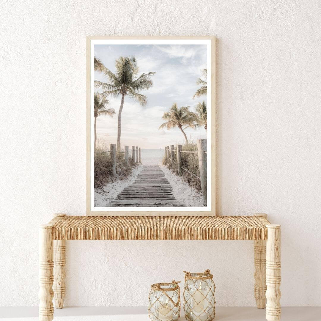 A coastal wall art photo print of a pathway to a beach on the Keys Florida with a timber frame for the hallway wall with free shipping