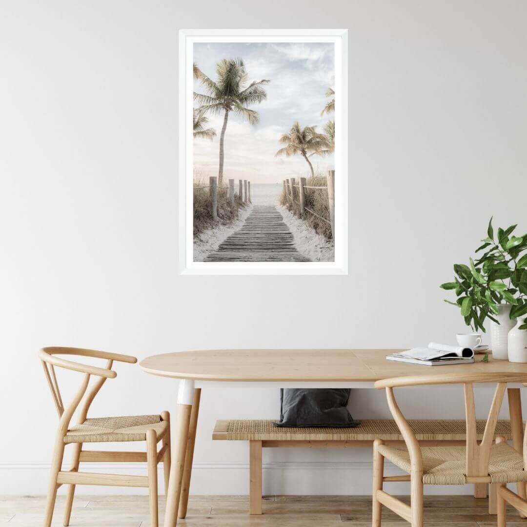 A wall art photo print of a pathway to a beach on the Keys Florida with a white frame or unframed to style your dining room