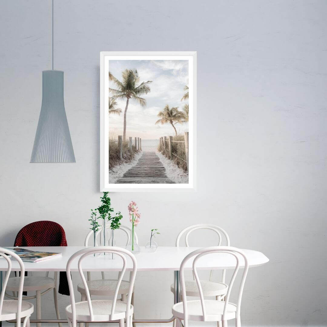 A wall art photo print of a pathway to a beach on the Keys Florida with a white frame or unframed for your coastal dining room