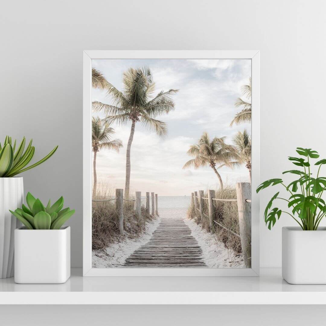 A wall art photo print of a pathway to a beach on the Keys Florida with a white frame or unframed shop online at Beautiful HomeDecor with free shipping