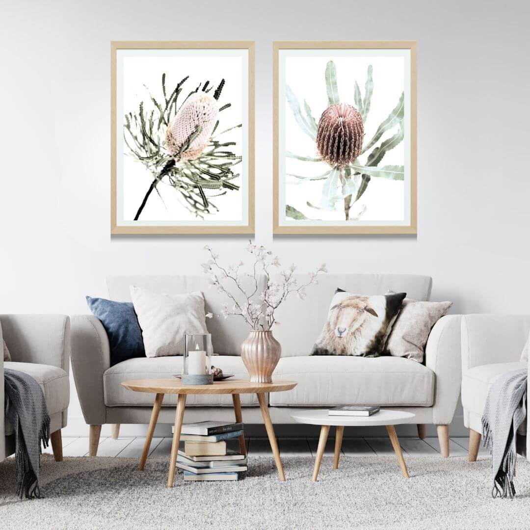A set of 2 Australian Native Banksia Flowers Wall Art Prints with a timber frame for the living room by Beautiful HomeDecor