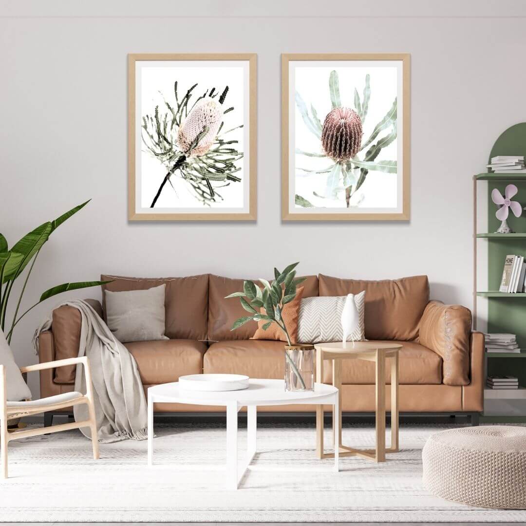 A set of 2 Australian Native Banksia Floral Flowers Wall Art Prints with a timber frame to style a coastal Australian empty walls.