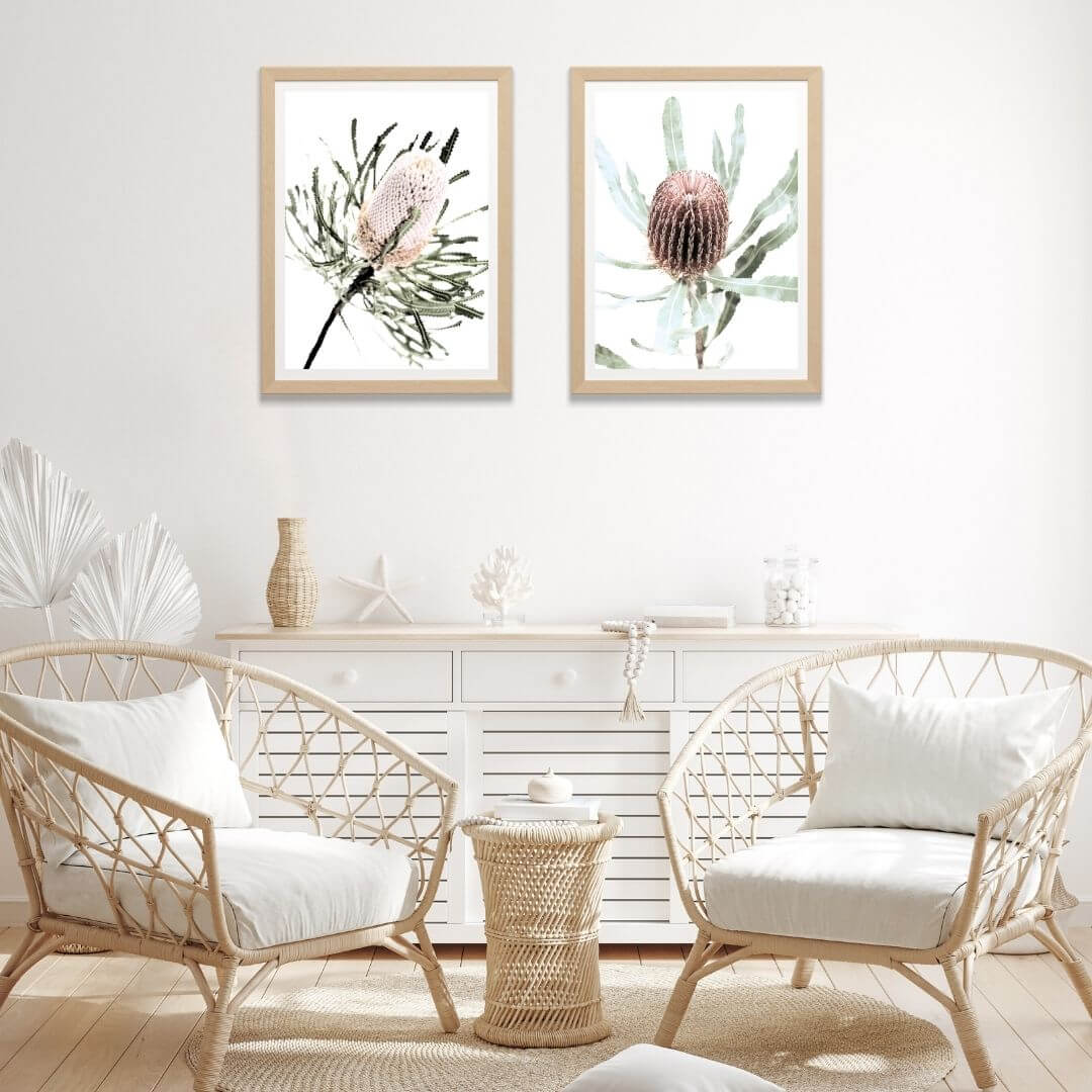A set of 2 Australian Native Banksia Floral Flowers Wall Art Prints with a timber frame or unframed to decorate walls in living room