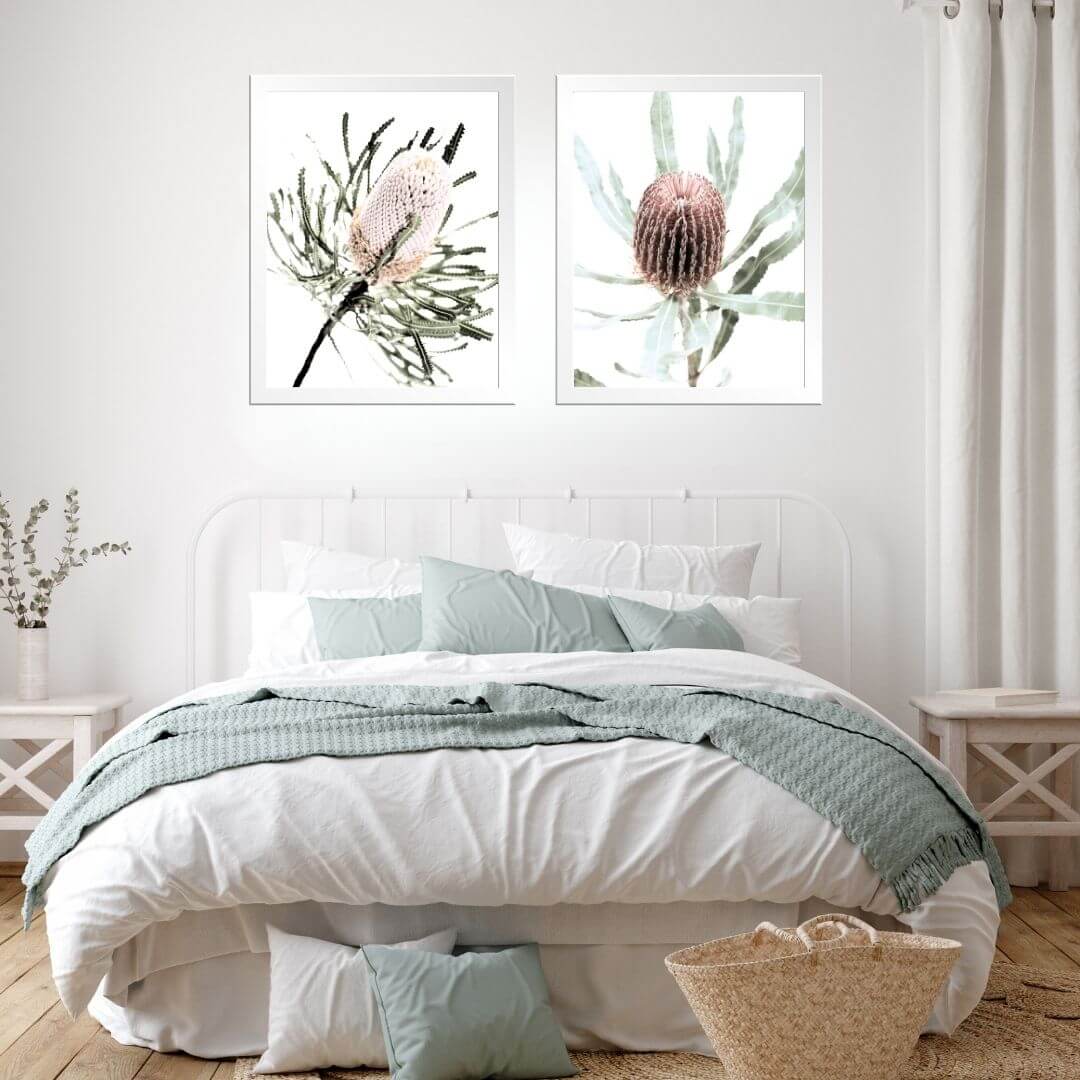 A set of 2 Australian Native Banksia Floral Flowers Wall Art Prints with a white frame or unframed to style shelves and empty walls