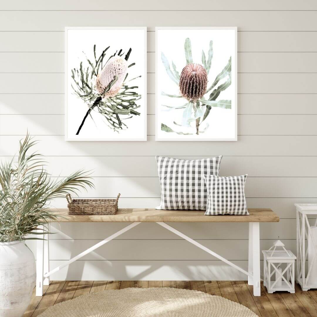 A set of 2 Australian Native Banksia Floral Flowers Wall Art Prints with a white frame to decorate your hallway empty walls