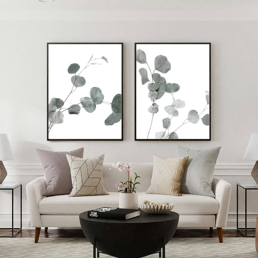 A set of 2 Australian Native Eucalyptus Leaves Wall Art Prints with a frame in black to style a wall in your living room