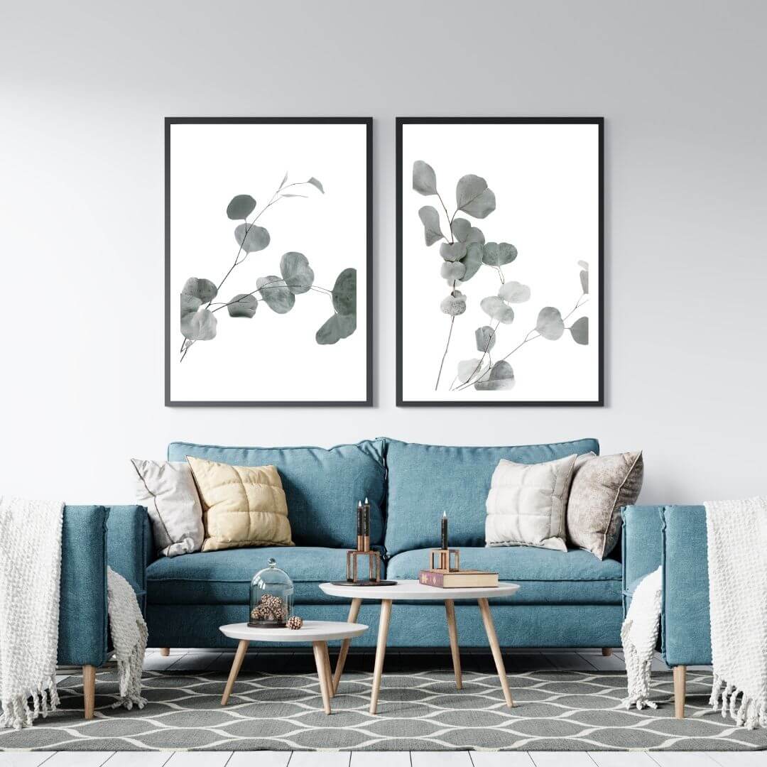 A set of 2 Australian Native Eucalyptus Leaves Wall Art Prints with a black frame or unframed for your empty living room walls