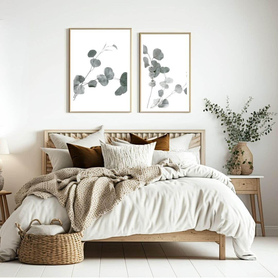 A set of 2 Australian Native Eucalyptus Leaves Wall Art Prints with a timber frame or unframed to style your bedroom walls