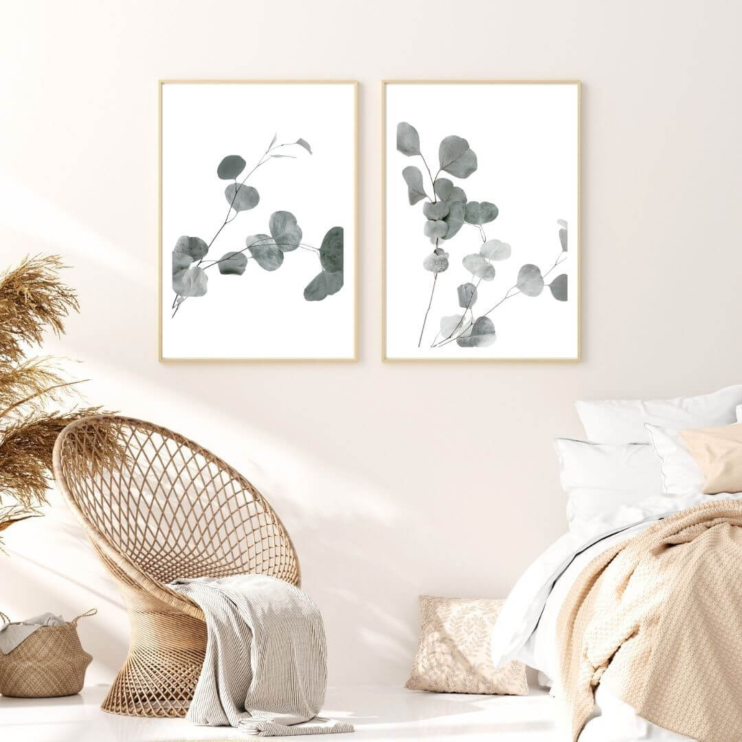 A set of 2 Australian Native Eucalyptus Leaves Wall Art Prints with a timber frame to decorate your bedroom by Beautiful Home Decor