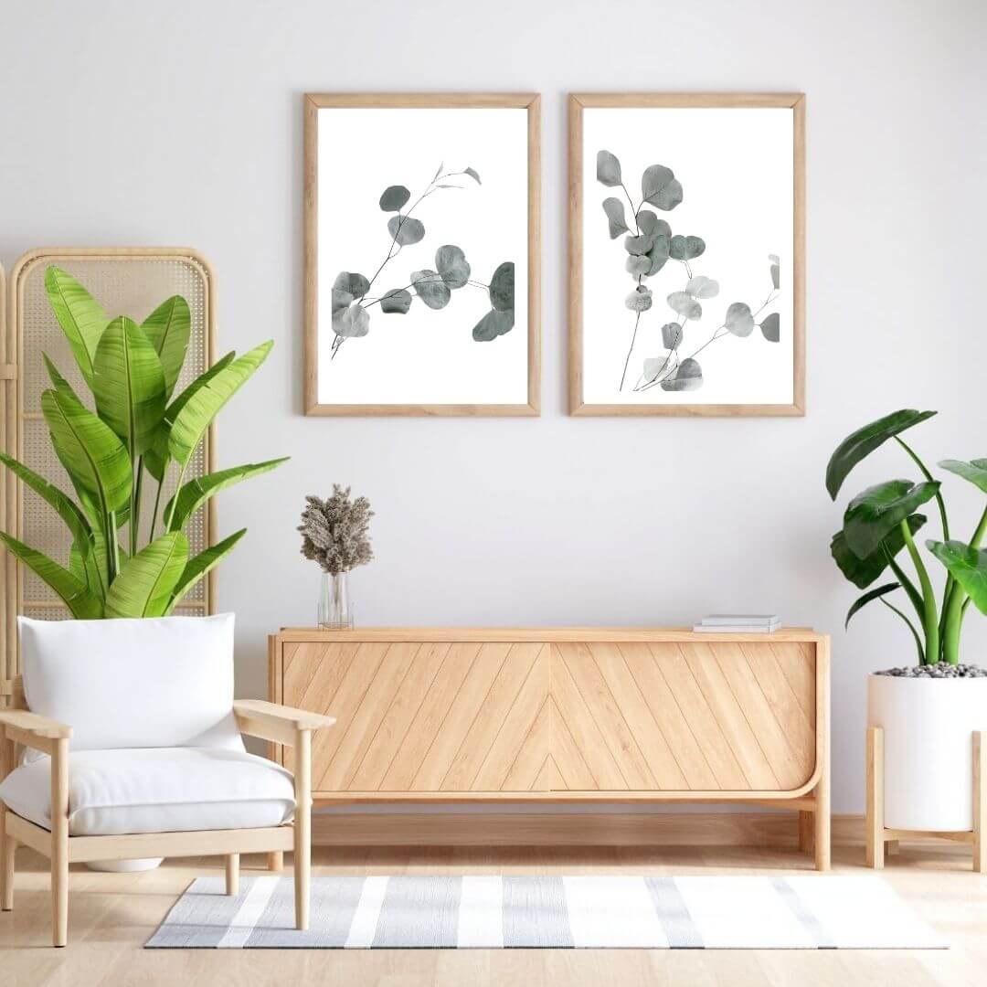 A set of 2 Australian Native Eucalyptus Leaves Wall Art Prints with a timber frame in hallway shop online at Beautiful Home Decor with free shipping