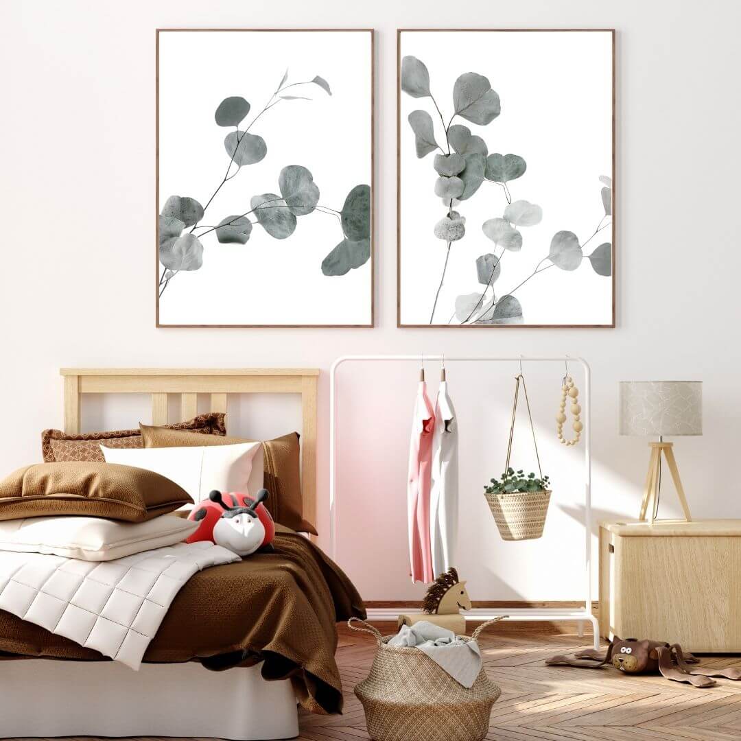 A set of 2 Australian Native Eucalyptus Leaves Wall Art Prints with a timber frame or unframed for the wall in a kids or teens coastal room