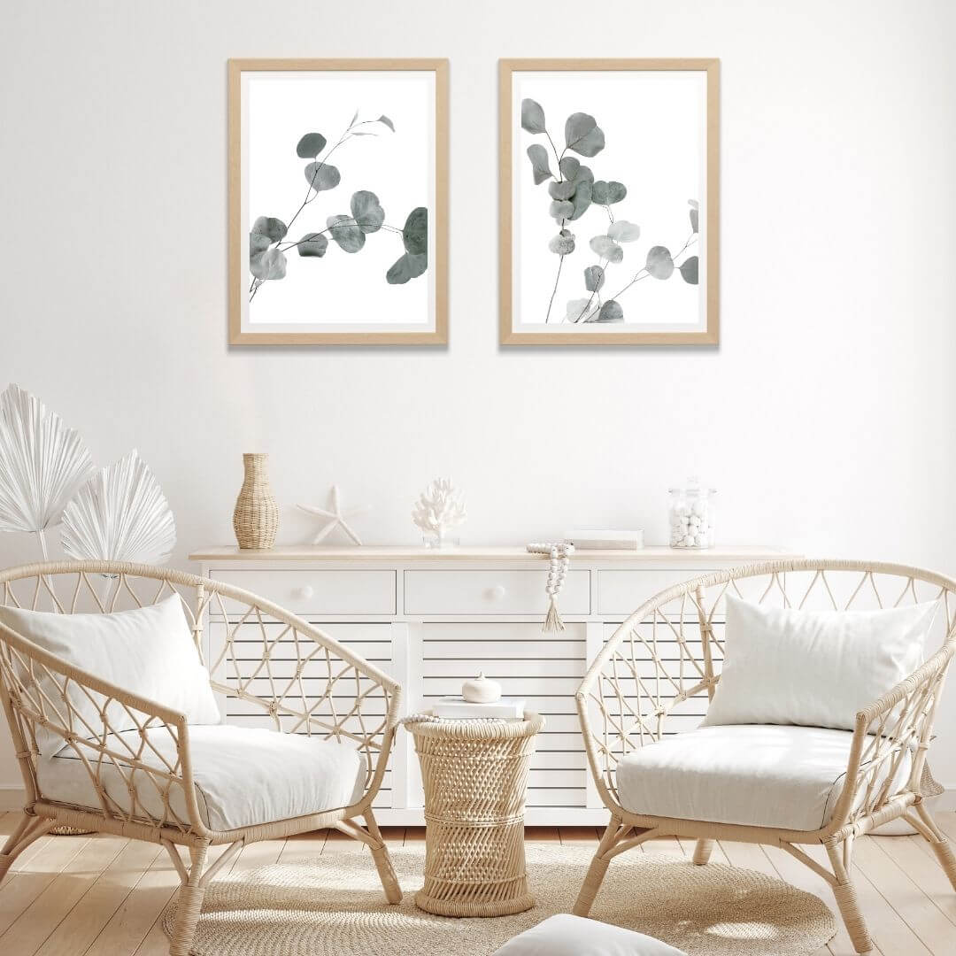 A small set of 2 Australian Native Eucalyptus Leaves Wall Art Prints with a timber frame or unframed to decorate walls in living room