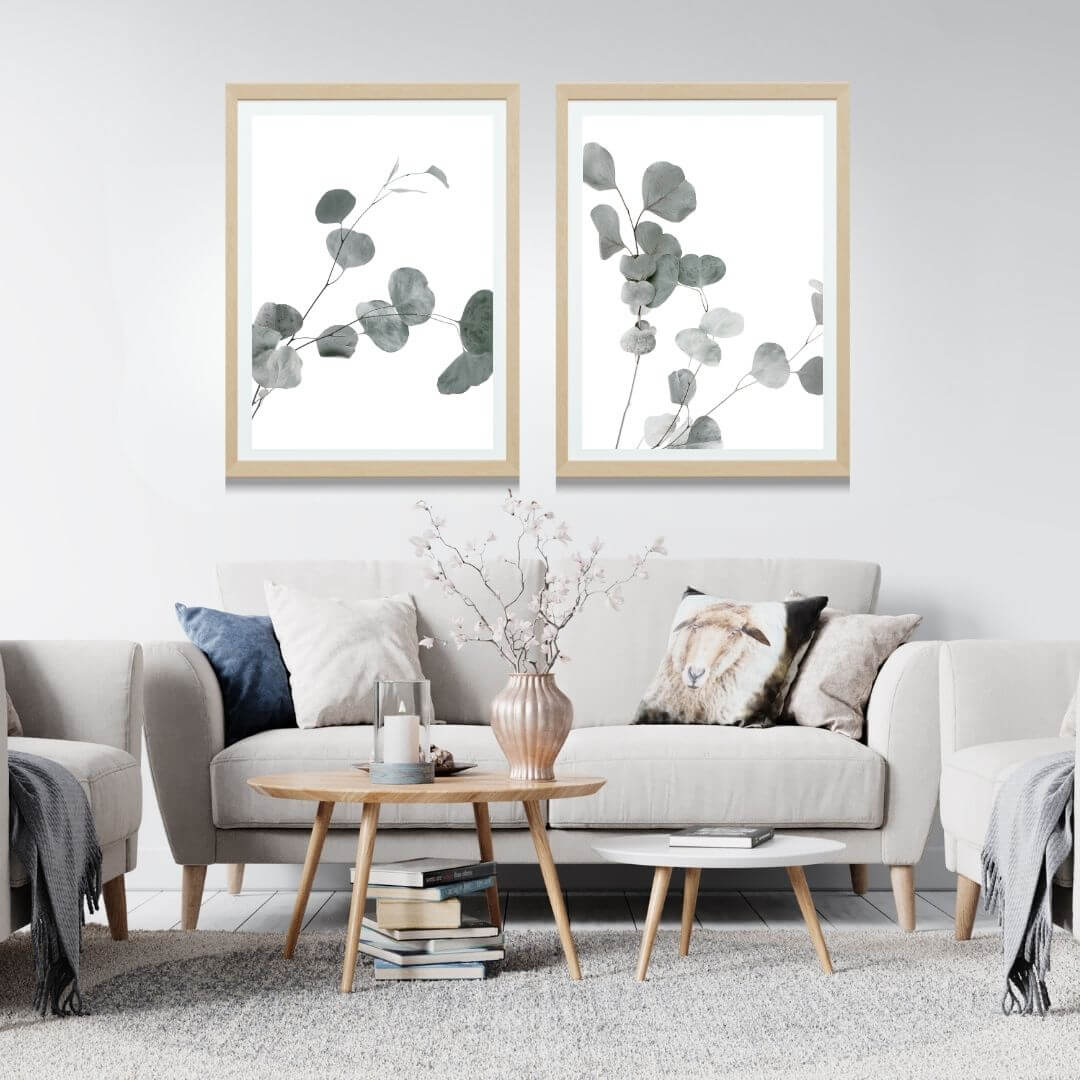 A set of 2 Australian Native Eucalyptus Leaves Wall Art Prints with a timber frame for the living room by Beautiful HomeDecor
