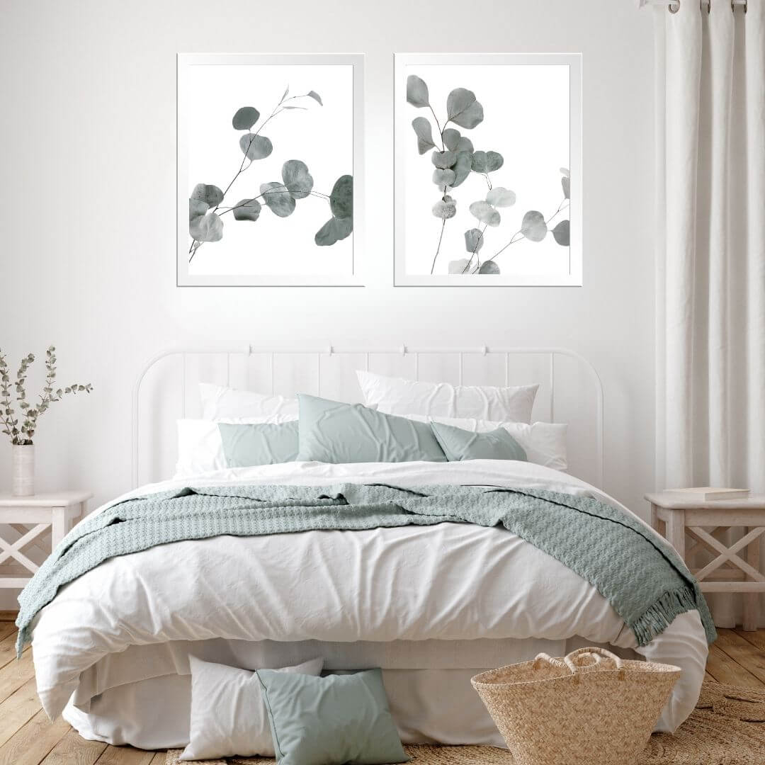 A set of 2 Australian Native Eucalyptus Leaves Wall Art Prints with a white frame or unframed for your bedroom walls