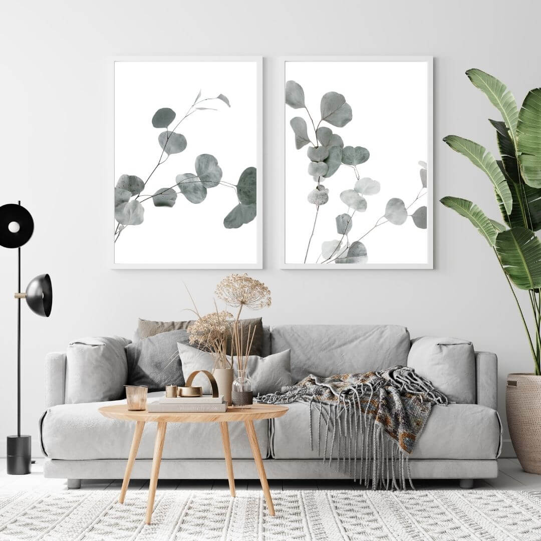 A large set of 2 Australian Native Eucalyptus Leaves Wall Art Prints with a white frame or unframed to decorate an empty wall