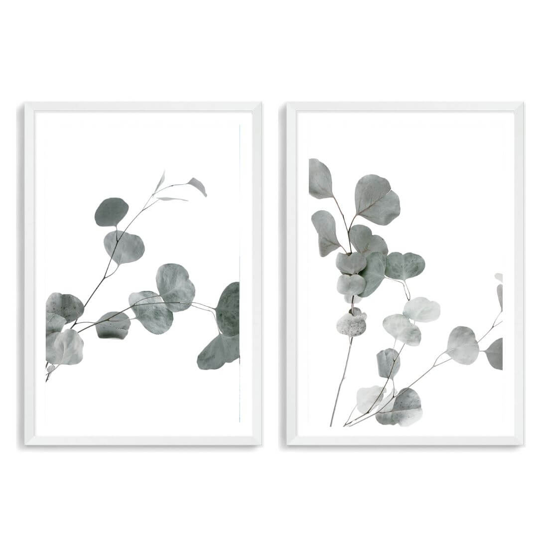 A set of 2 Australian Native Eucalyptus Leaves Wall Art Prints with a white frame, white border by Beautiful Home Decor