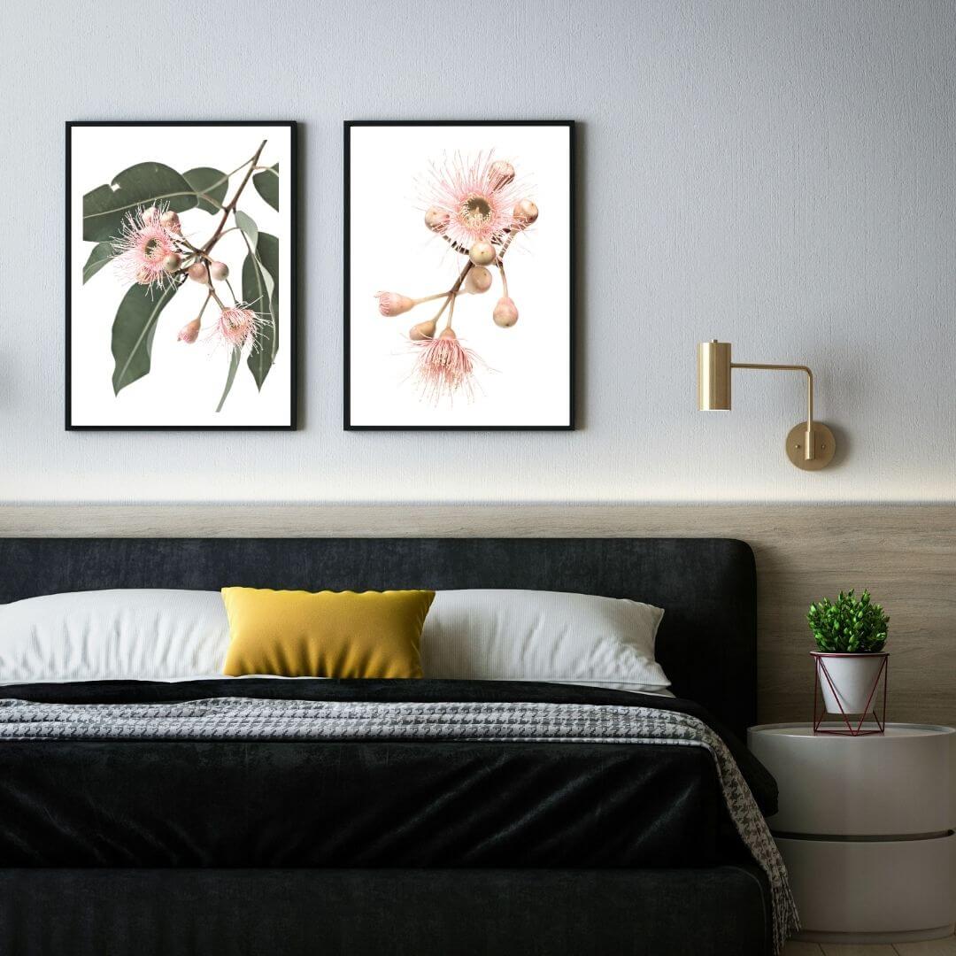 A set of 2 Native Gum Eucalyptus Flower Wall Art Prints with a black frame, no border on bedoom wall