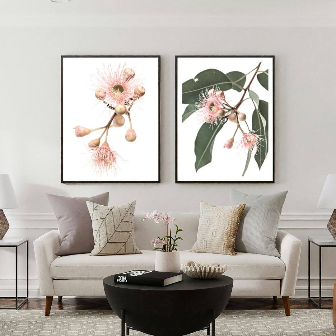 A set of 2 Native Gum Eucalyptus Flower Wall Art Prints with a black frame or unframed for your empty living room walls