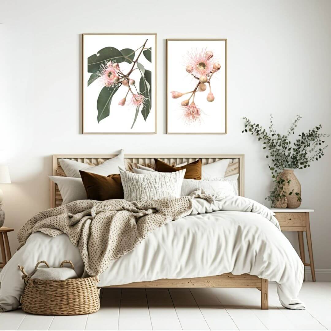 A set of 2 Native Gum Eucalyptus Flower Wall Art Prints with a timber frame to decorate your bedroom by Beautiful Home Decor