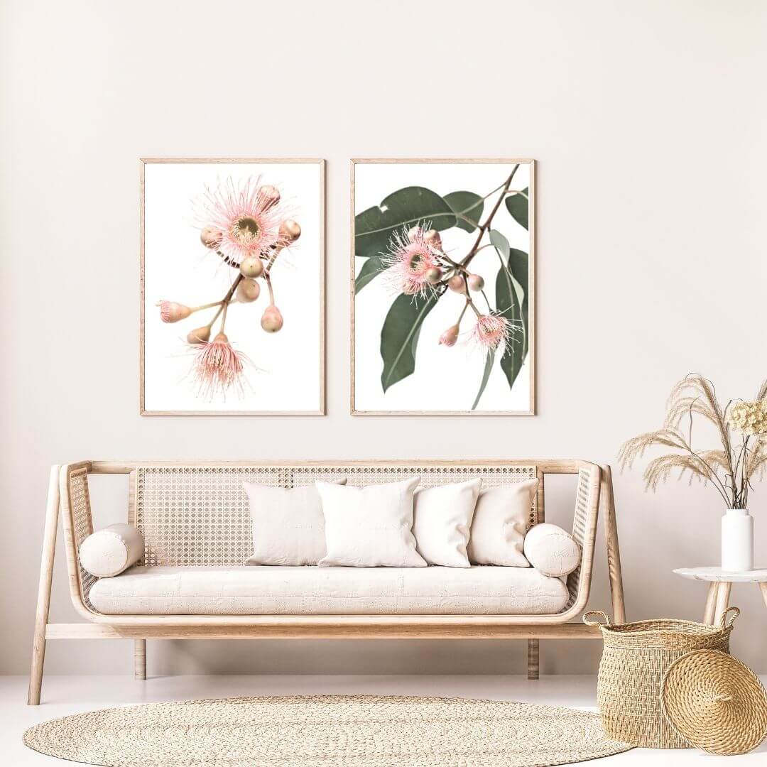 A set of 2 Native Gum Eucalyptus Flower Wall Art Prints with a timber frame in hallway shop online at Beautiful Home Decor with free shipping