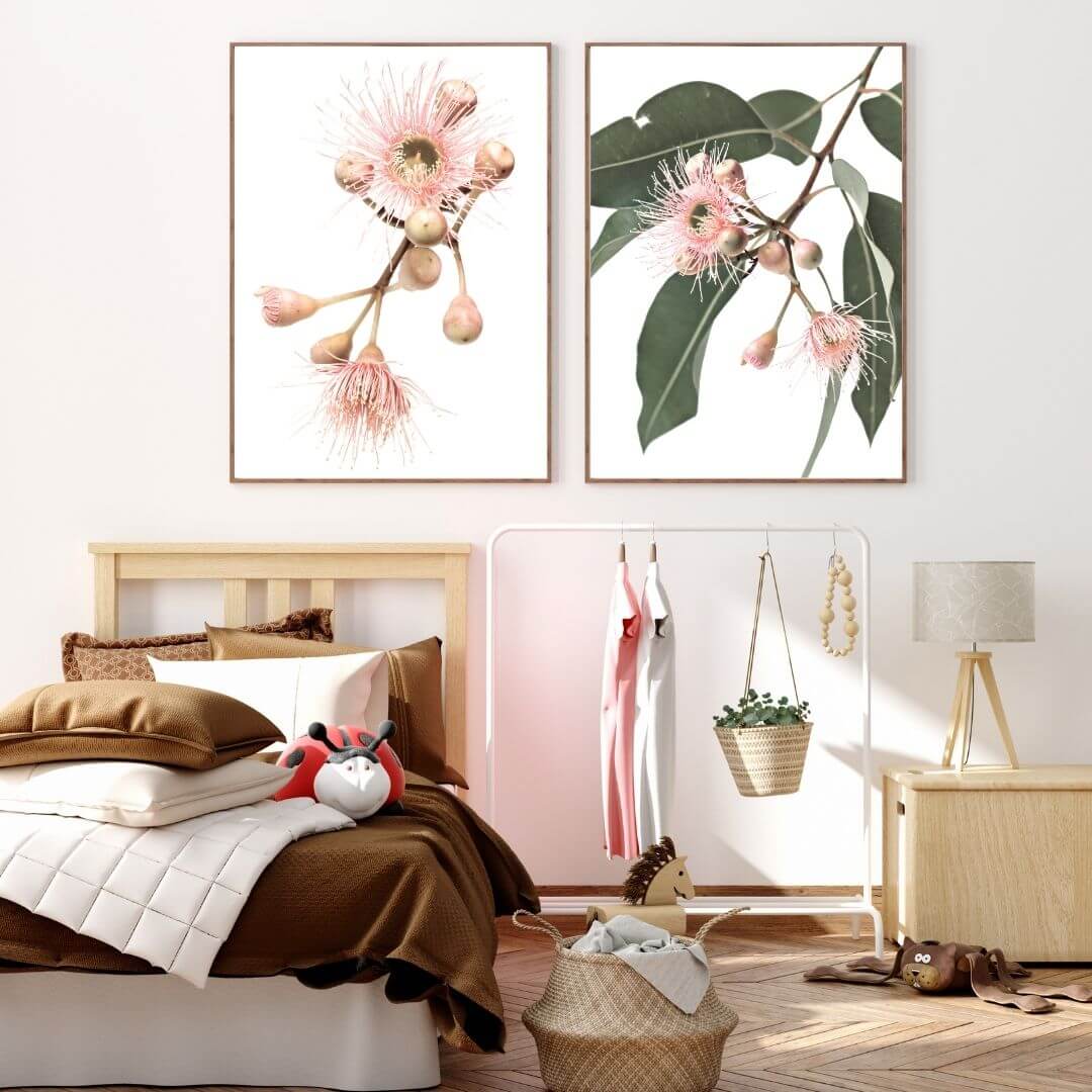 A set of 2 Native Gum Eucalyptus Flower Wall Art Prints with a timber frame or unframed for the wall in a kids or teens coastal room
