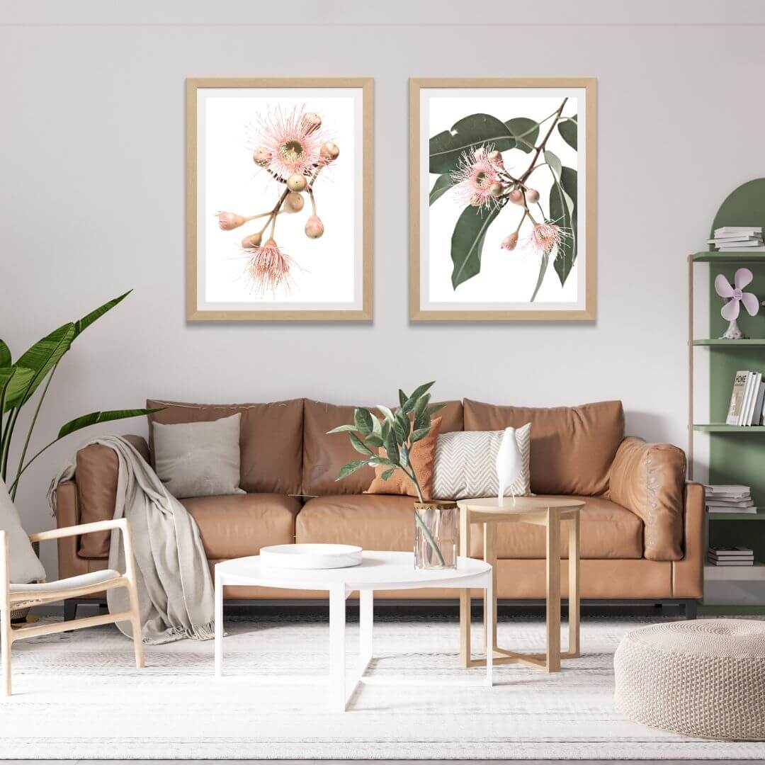 A set of 2 Native Gum Eucalyptus Flower Wall Art Prints with a frame in timber for a living room wall