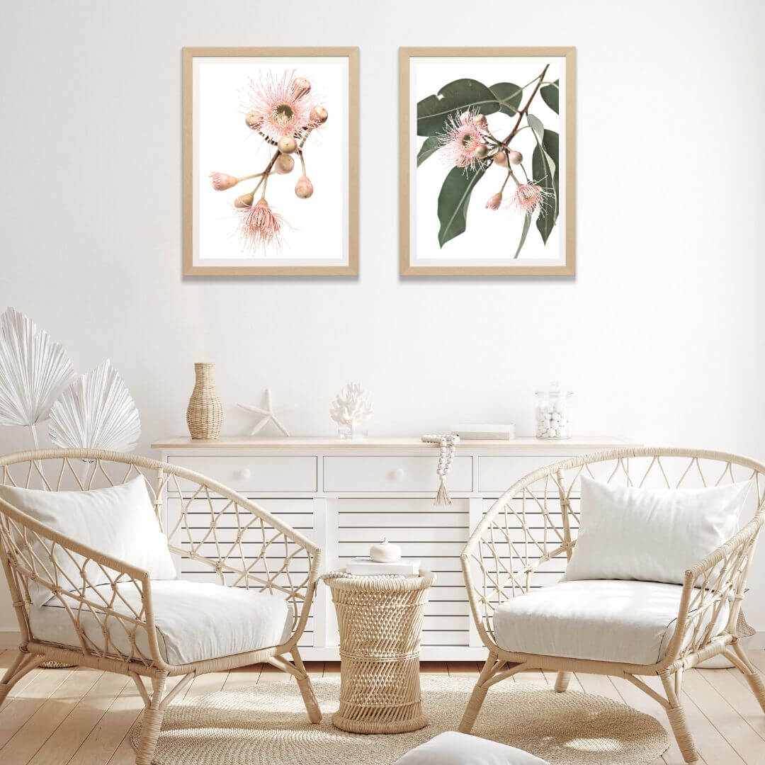 A set of 2 Native Gum Eucalyptus Flower Wall Art Prints with a timber frame or unframed to decorate walls in living room
