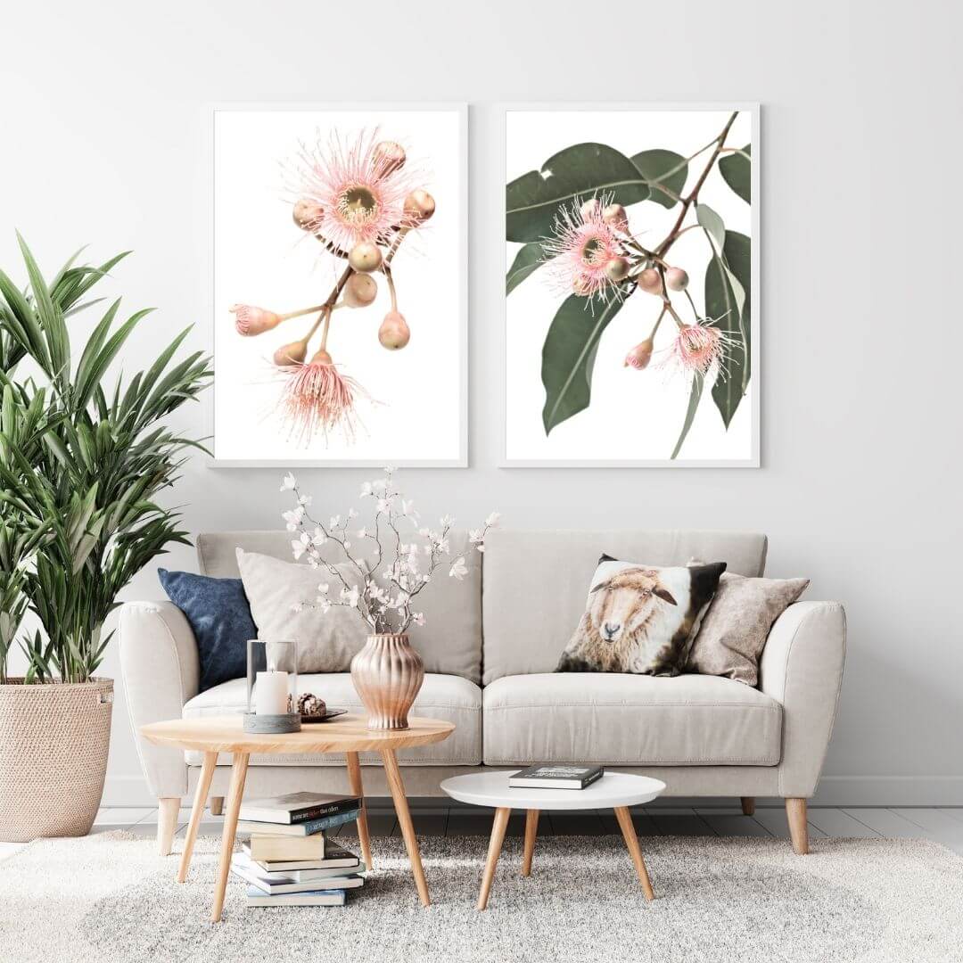 A set of 2 Native Gum Eucalyptus Flower Wall Art Prints with a white frame or unframed to decorate an empty wall