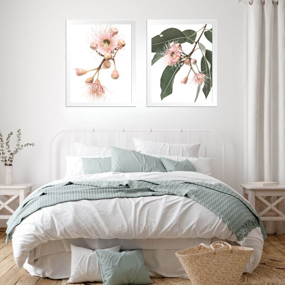 A set of 2 Native Gum Eucalyptus Flower Wall Art Prints with a white frame or unframed for your bedroom walls