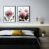 A set of 2 Australian Native Waratah Flowers Wall Art Photo Prints with a black frame, white border on bedroom wall, waratah art prints