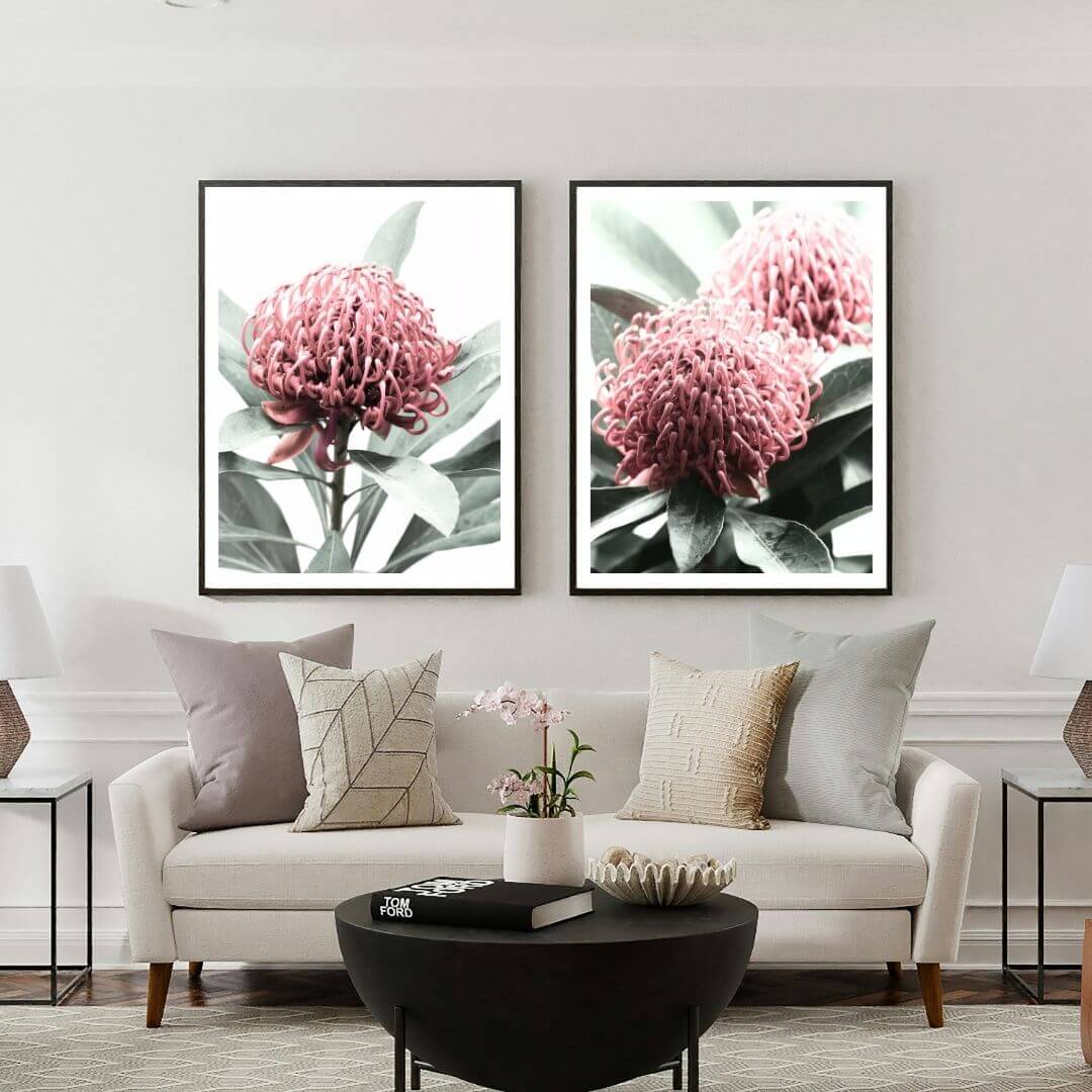 A set of 2 Australian Native Waratah Flowers Wall Art Photo Prints with a black frame or unframed to decorate a wall in your living room