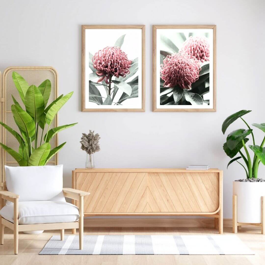 A set of 2 Australian Native Waratah Flowers Wall Art Photo Prints with a timber frame or unframed to style shelves and empty walls