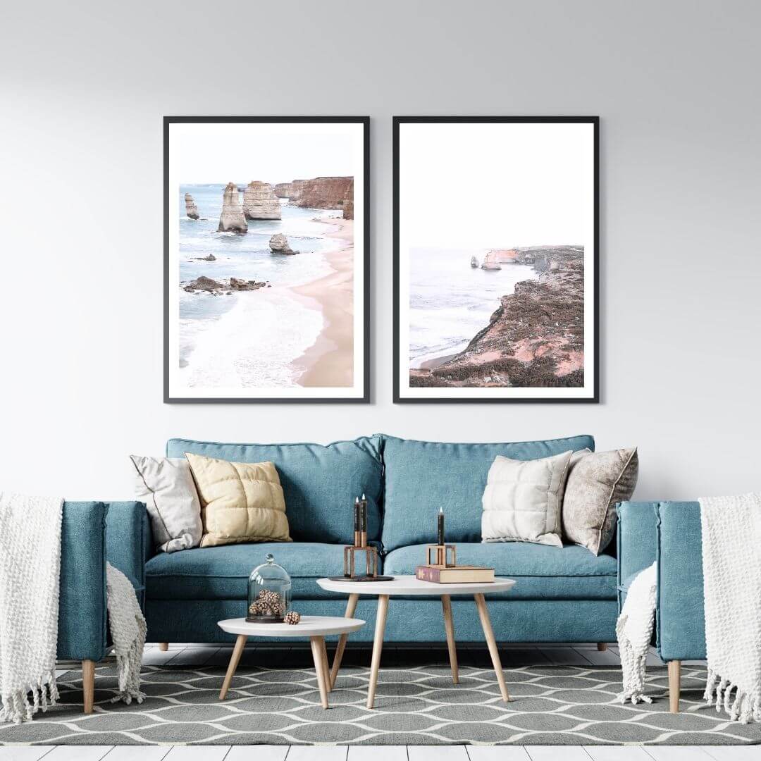 A set of 2 Great Ocean Road Twelve Apostles Wall Art Prints with a black frame, no border on bedoom wall