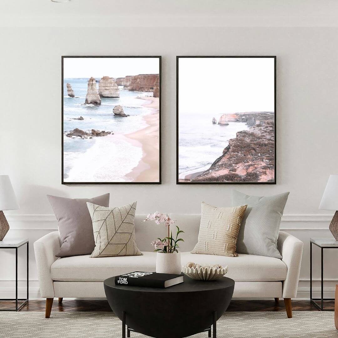 A set of 2 Great Ocean Road Twelve Apostles Wall Art Prints with a black frame or unframed to decorate a wall in your living room
