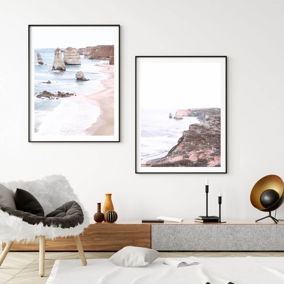 A set of 2 Great Ocean Road Twelve Apostles Wall Art Prints with a black frame or unframed for your empty living room walls