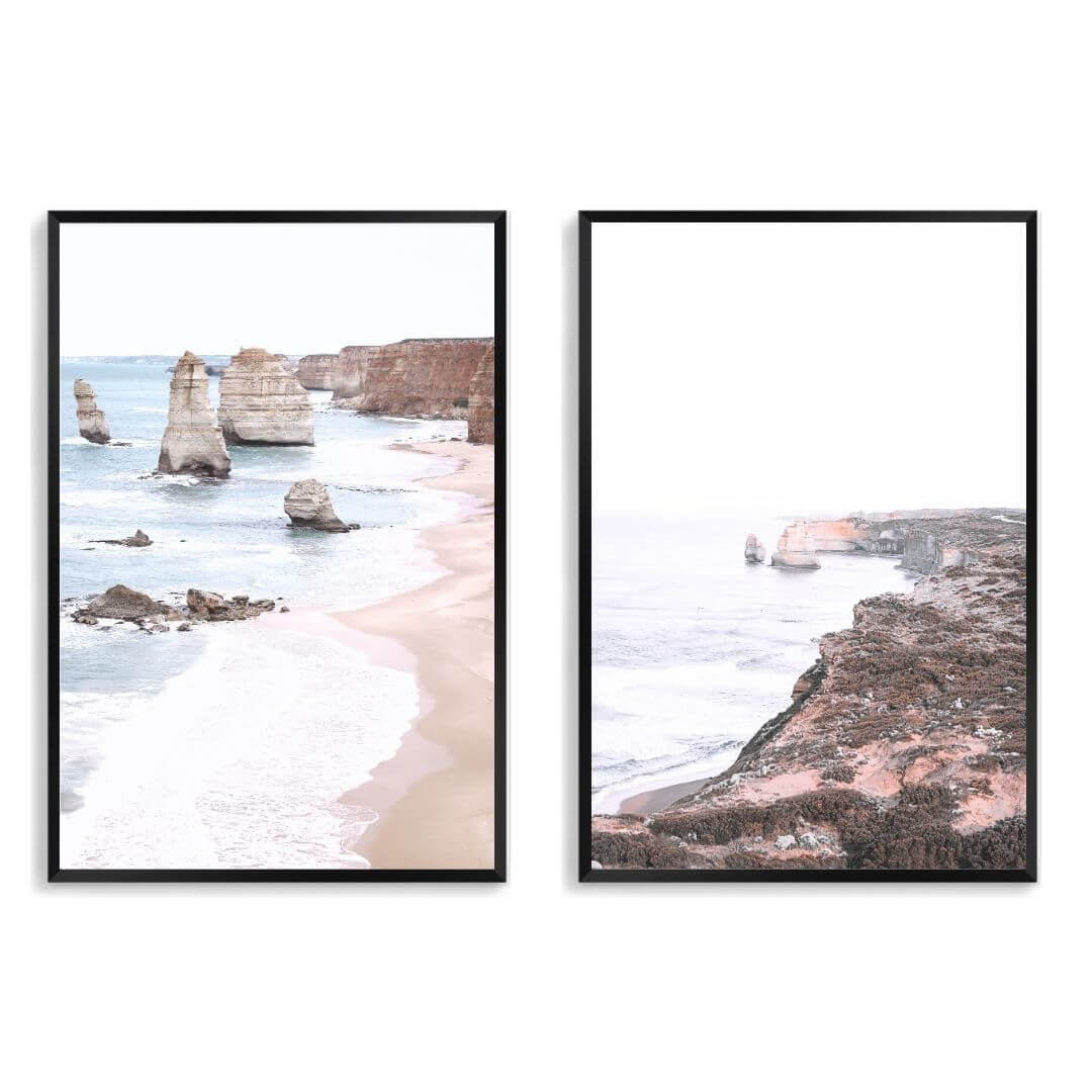 A set of 2 Great Ocean Road Twelve Apostles Wall Art Prints with a black frame, white border by Beautiful Home Decor