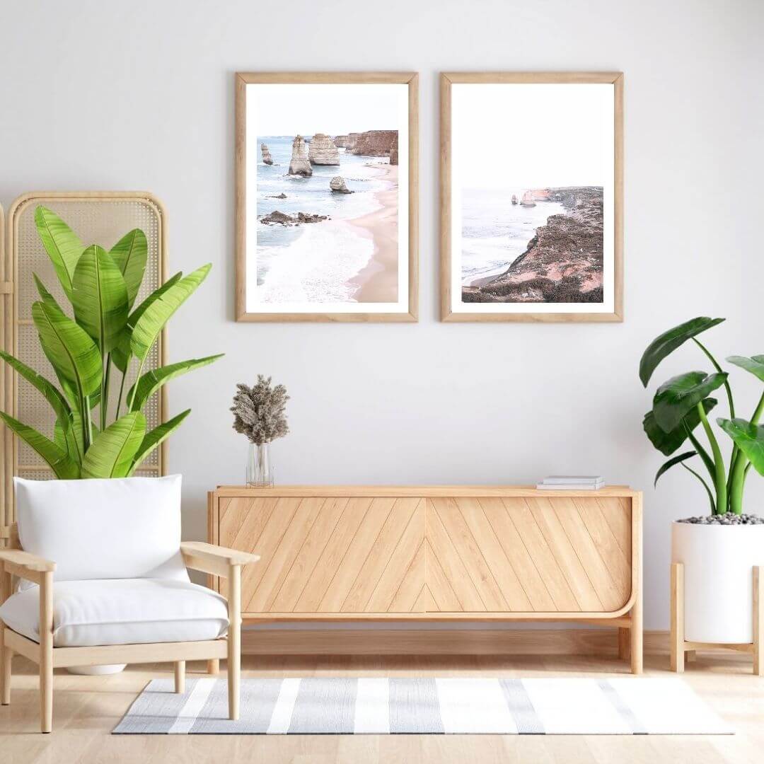 A set of 2 Great Ocean Road Twelve Apostles Wall Art Prints with a frame in timber for a living room wall