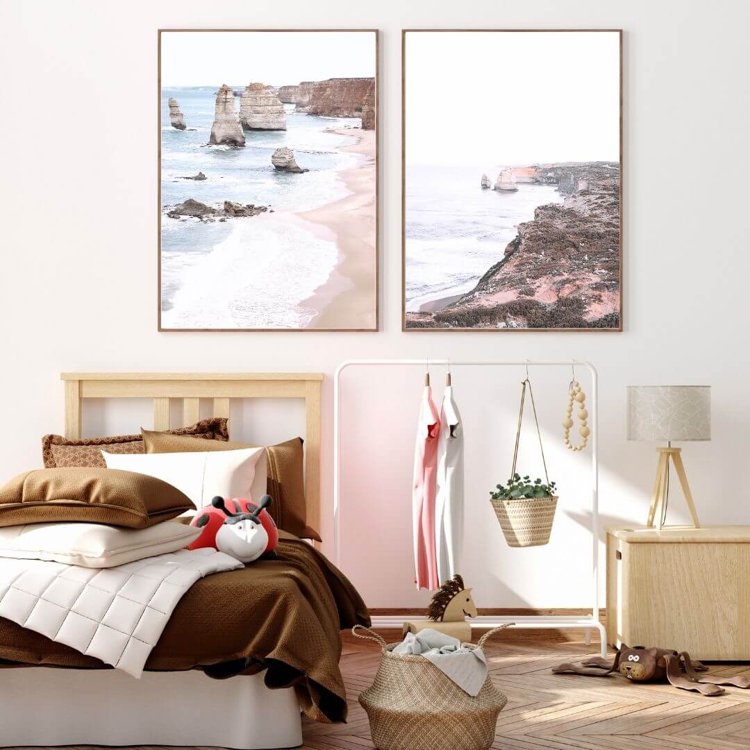 A set of 2 Great Ocean Road Twelve Apostles Wall Art Prints with a timber frame in hallway shop online at Beautiful Home Decor with free shipping