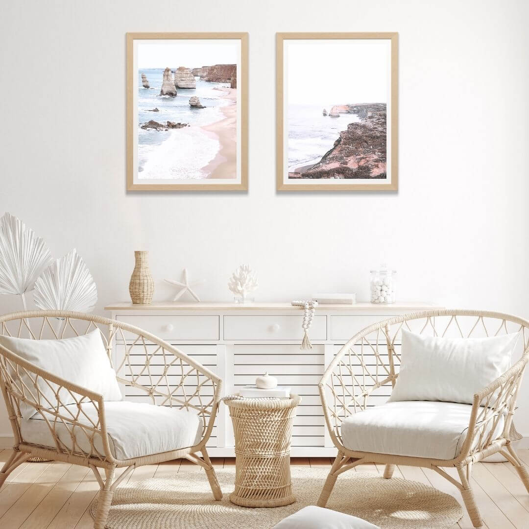 A set of 2 Great Ocean Road Twelve Apostles Wall Art Prints with a timber frame or unframed to style your bedroom walls