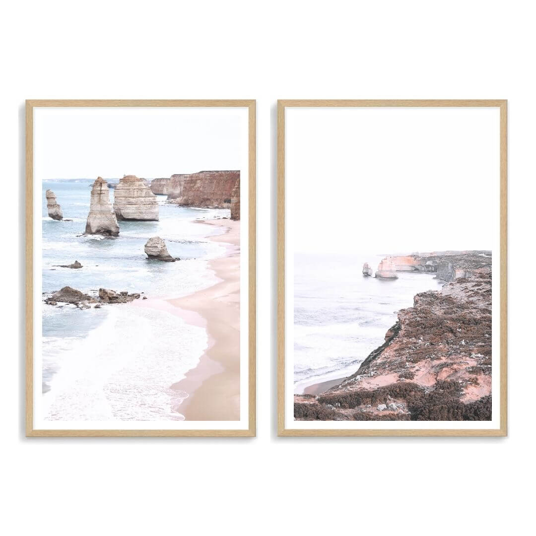 A set of 2 Great Ocean Road Twelve Apostles Wall Art Prints with a timber frame to style a coastal Australian empty walls.