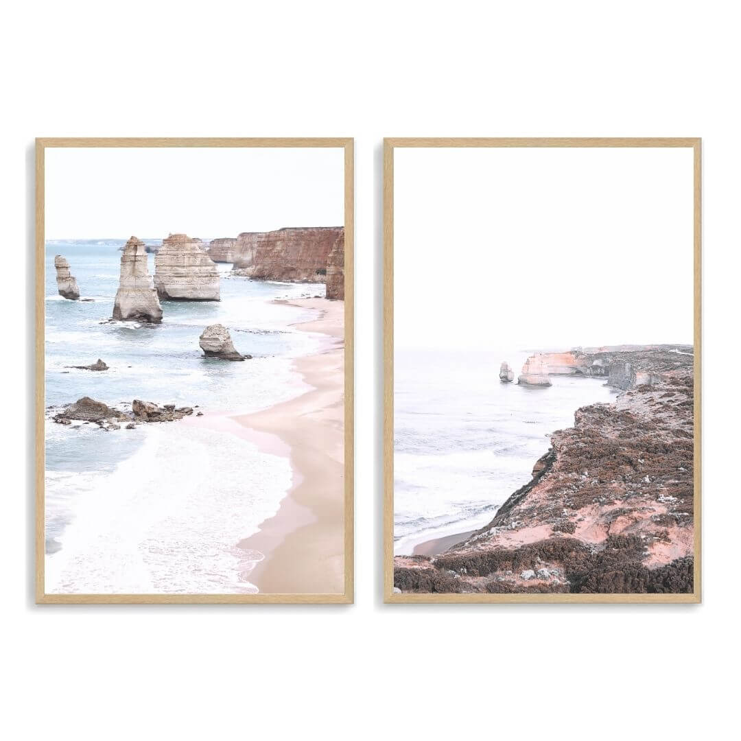 A set of 2 Great Ocean Road Twelve Apostles Wall Art Prints with a timber frame, white border by Beautiful Home Decor