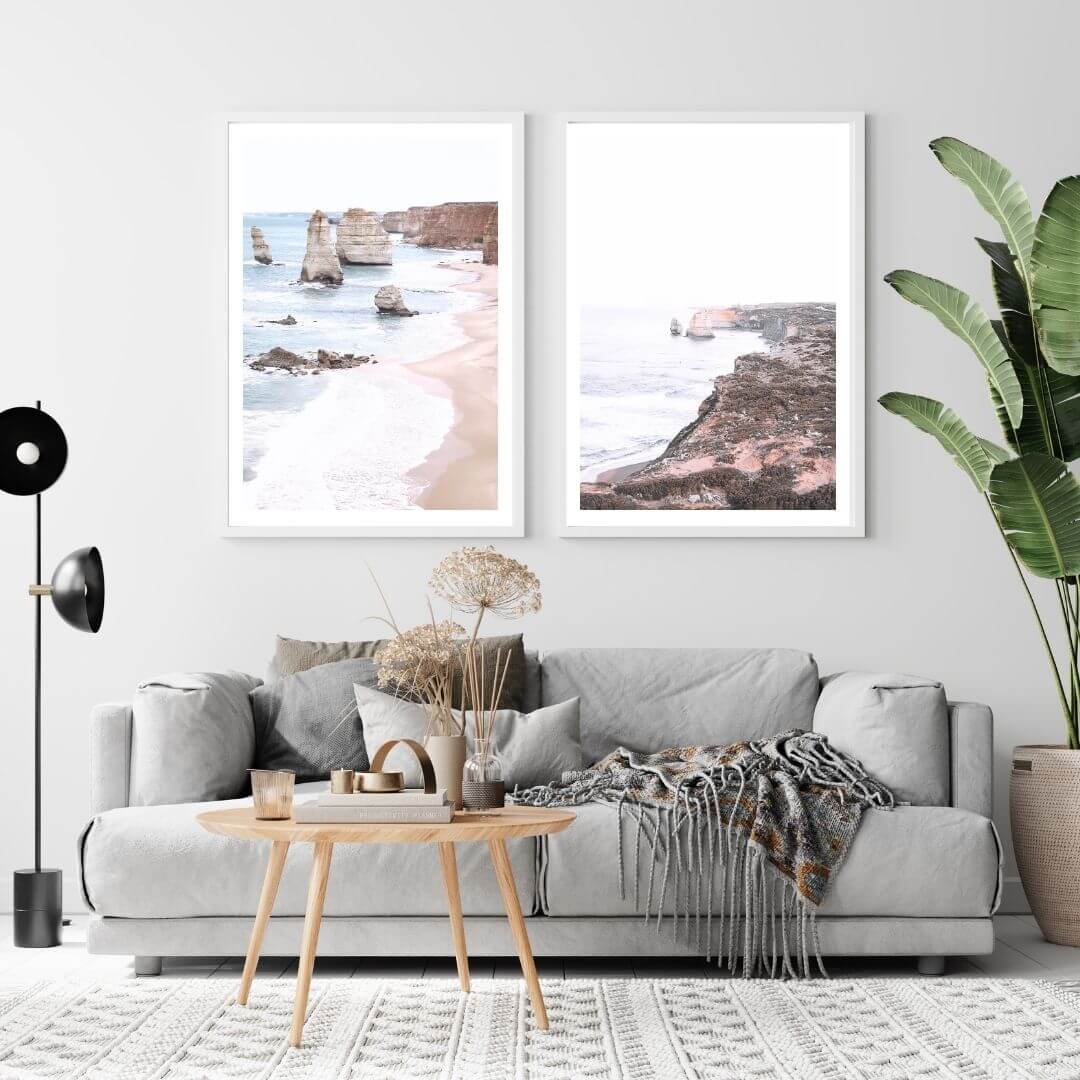 A set of 2 Great Ocean Road Twelve Apostles Wall Art Prints with a white frame or unframed to decorate an empty wall