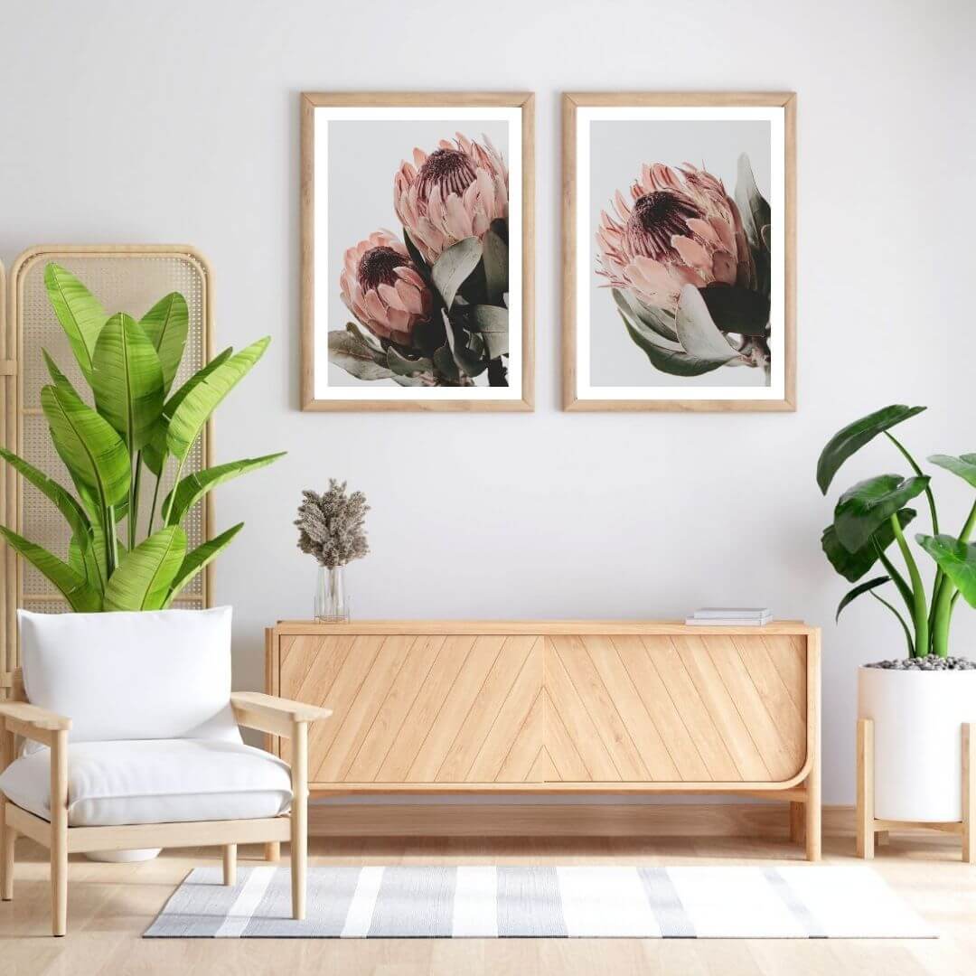 A set of 2 Peach Protea Flowers Floral Wall Art Prints with a timber frame in hallway shop online at Beautiful Home Decor with free shipping