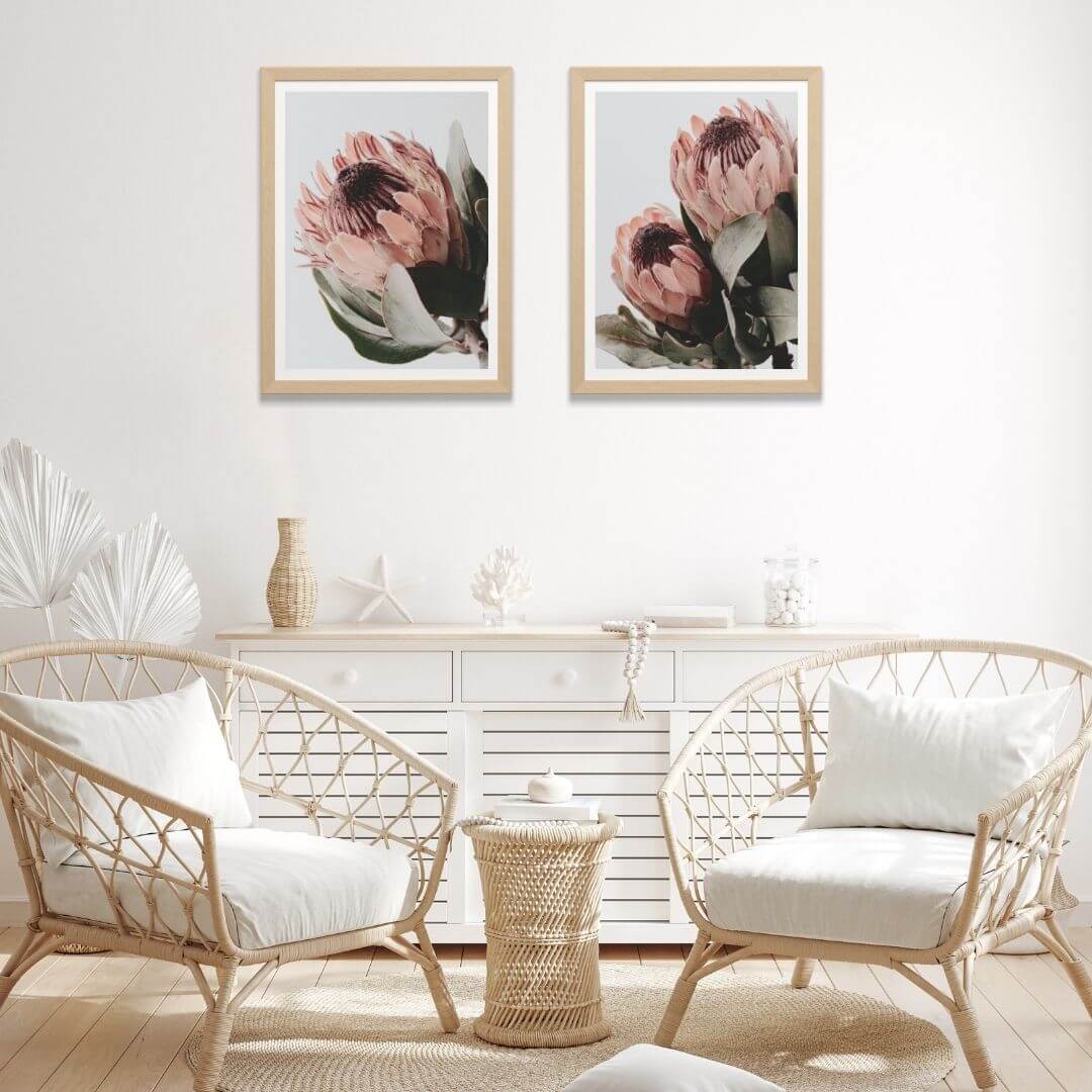 A set of 2 Peach Protea Flowers Floral Wall Art Prints with a timber frame for the living room by Beautiful HomeDecor