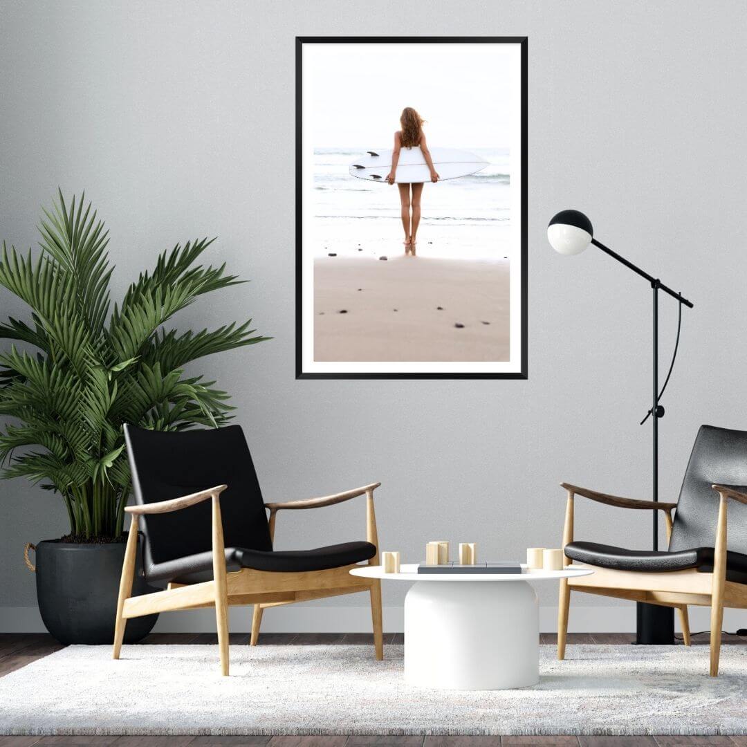 A wall art photo print of the girl with the surfboard with a black frame or unframed for the wall in living room