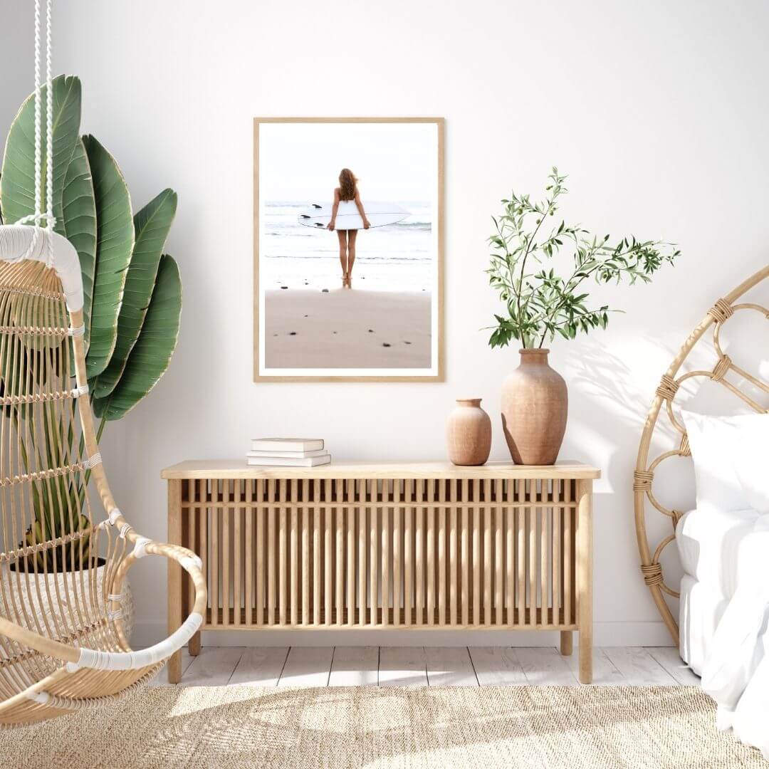 A wall art photo print of the girl with the surfboard with a timber frame to decorate your bedroom by Beautiful HomeDecor