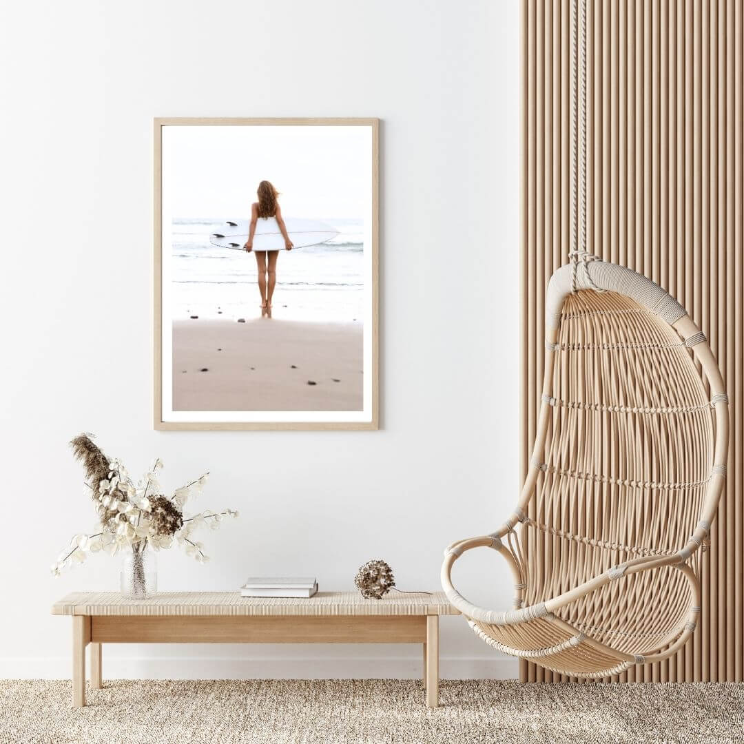 A wall art photo print of the girl with the surfboard with a timber frame for the living room by Beautiful HomeDecor