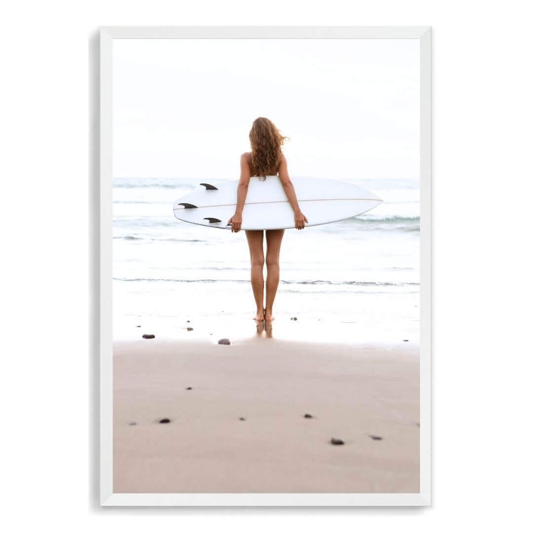 A wall art photo print of the girl with the surfboard with a white frame, no white border at Beautiful HomeDecor