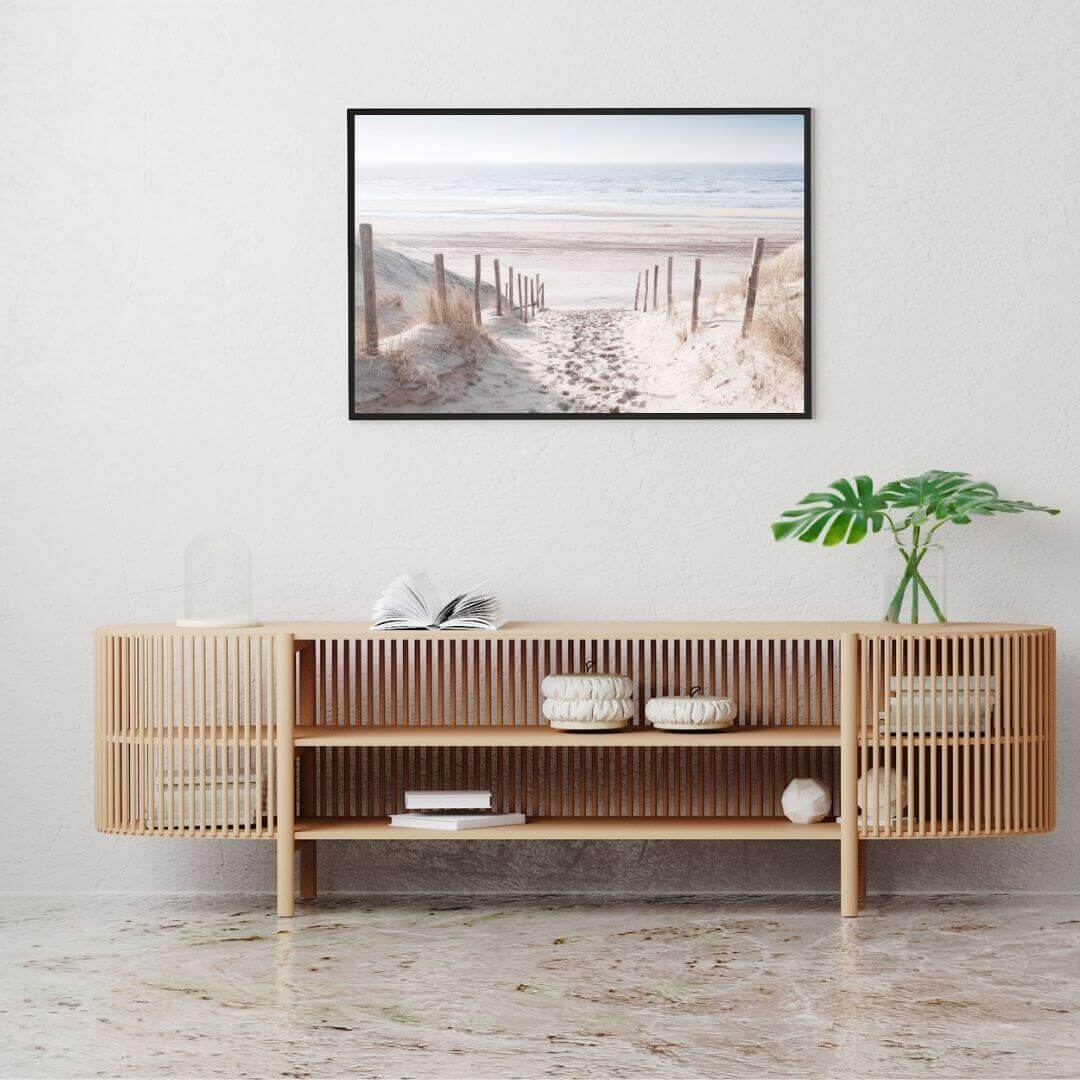 A wall art photo print of a walk on the beach with a black frame or unframed to decorate a wall above your console table